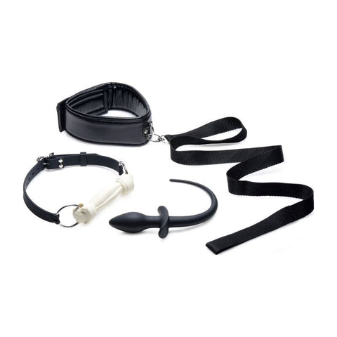 XR Brands Tailz Puppy Play Set incl Gag Plug & Collar Black Complete Kit - Bondage Kits