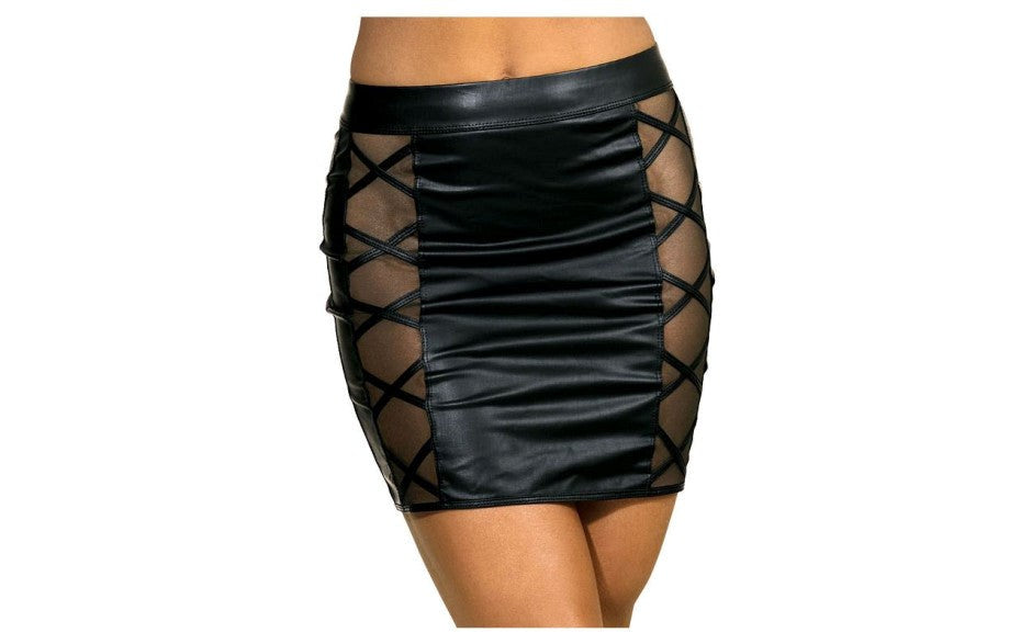 Axami Lingerie Stretch Wetlook Mesh Criss Cross Women Skirt Black with Rear Zipper - - Her Fetish
