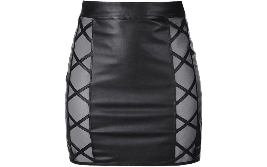 Axami Lingerie Stretch Wetlook Mesh Criss Cross Women Skirt Black with Rear Zipper - - Her Fetish