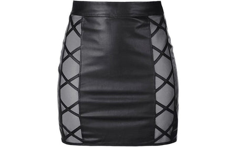 Axami Lingerie Stretch Wetlook Mesh Criss Cross Women Skirt Black with Rear Zipper - Her Fetish