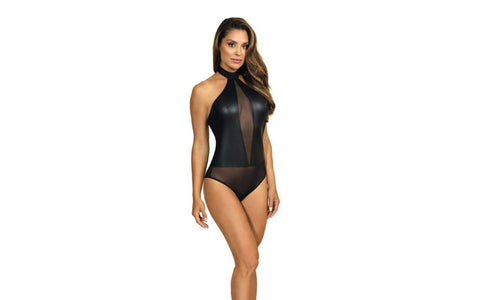 Axami Lingerie Stretch Wetlook Mesh Panel Women Bodysuit Black Halterneck - Her Fetish
