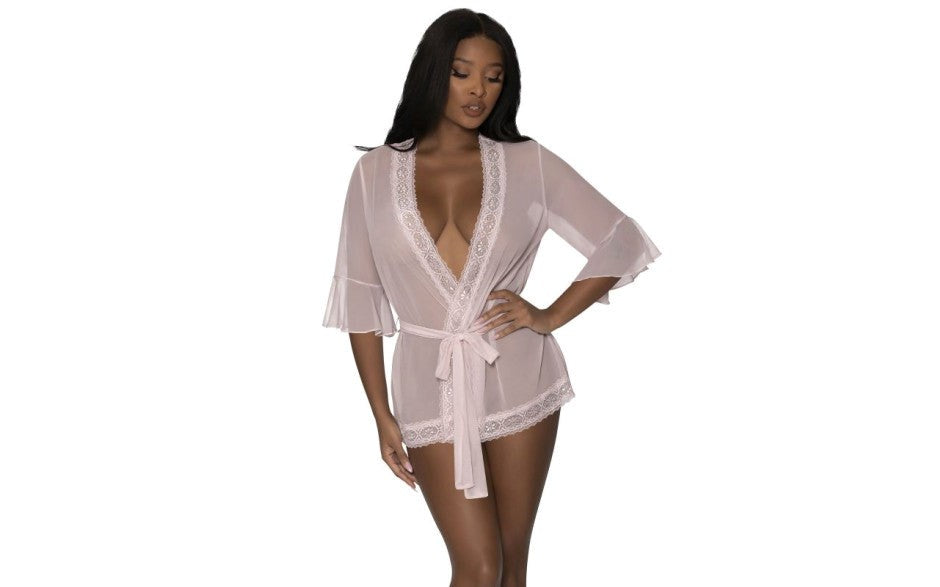 Exposed Lingerie Robe with Lace Trim Blush Semi Sheer Mesh Design - Kimono's and Gowns
