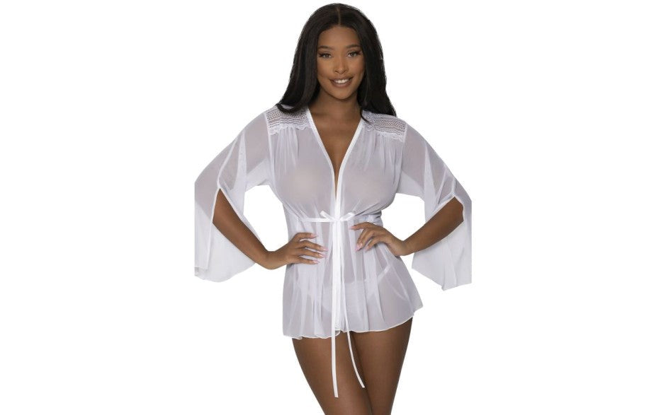 Exposed Lingerie Womens Flowing Short Robe with Lace Accents and Bell Sleeves - Kimono's and Gowns