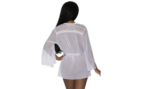 Exposed Lingerie Womens Flowing Short Robe with Lace Accents and Bell Sleeves - Kimono's and Gowns