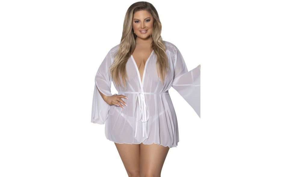 Exposed Lingerie Womens Flowing Short Robe with Lace Accents and Bell Sleeves - Kimono's and Gowns