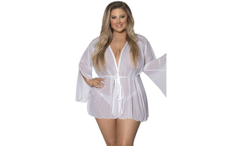 Exposed Lingerie Womens Flowing Short Robe with Lace Accents and Bell Sleeves - Kimono's and Gowns