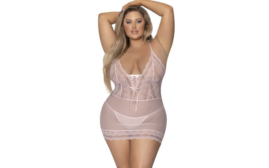Exposed Lingerie Womens Lace Chemise and G String Blush with Lace Up Front - BabyDolls And Chemises