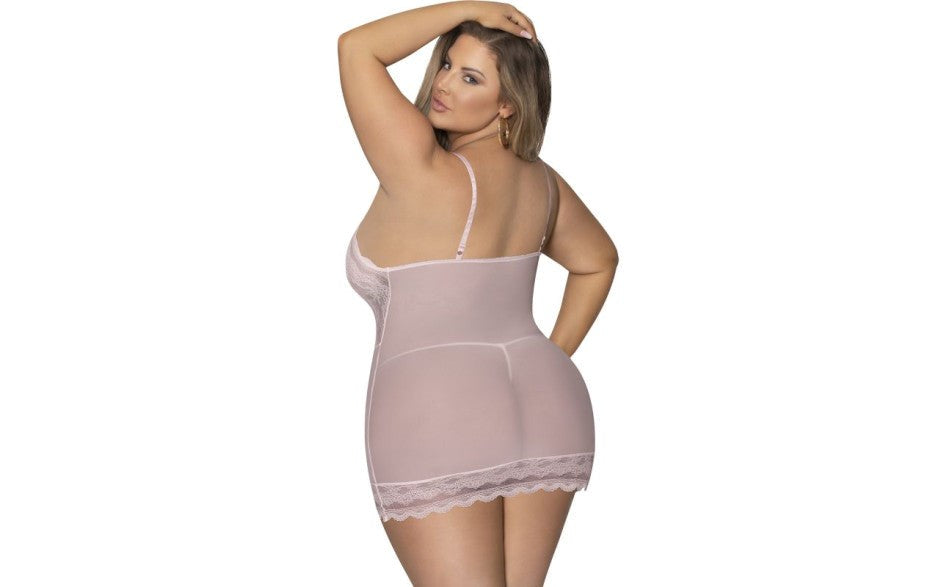 Exposed Lingerie Womens Lace Chemise and G String Blush with Lace Up Front - BabyDolls And Chemises