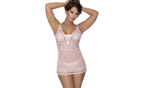 Exposed Lingerie Womens Lace Chemise and G String Blush with Lace Up Front - BabyDolls And Chemises