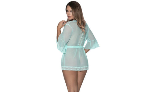 Exposed Lingerie Womens Robe with Lace Trim Turquoise Semi Sheer Mesh - Kimono's and Gowns