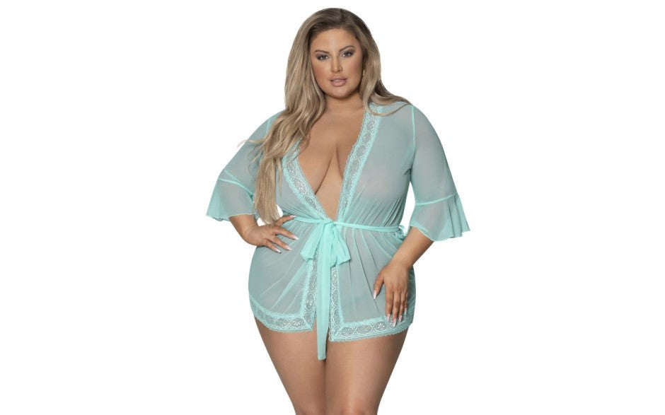 Exposed Lingerie Womens Robe with Lace Trim Turquoise Semi Sheer Mesh - Kimono's and Gowns