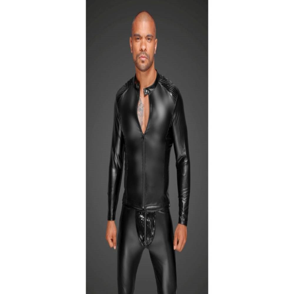 Noir Handmade Power Wetlook Mens Jacket With Pleated PVC Epaulets Fetish - His Fetish