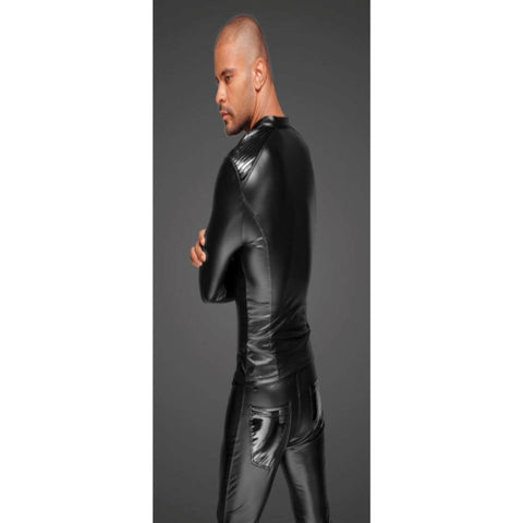 Noir Handmade Power Wetlook Mens Jacket With Pleated PVC Epaulets Fetish - His Fetish