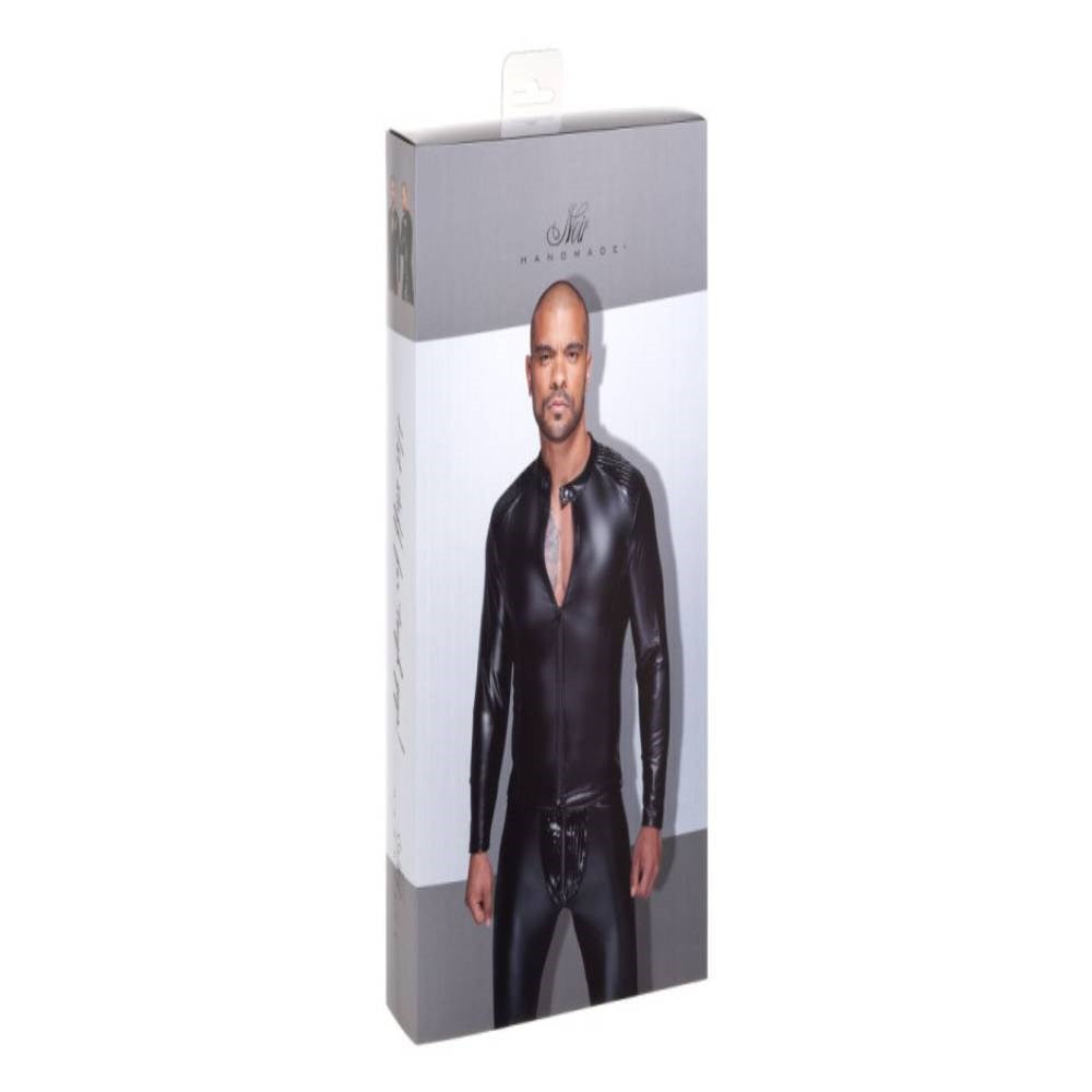 Noir Handmade Power Wetlook Mens Jacket With Pleated PVC Epaulets Fetish - His Fetish