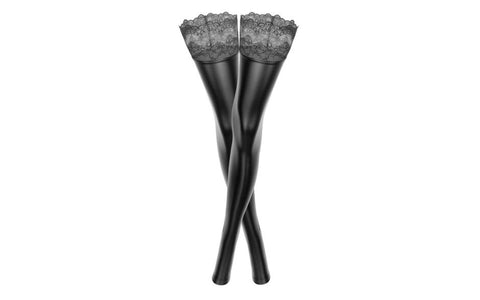 Noir Handmade Power Wetlook Womens Stockings With Siliconed Lace Black Thigh - Her Fetish