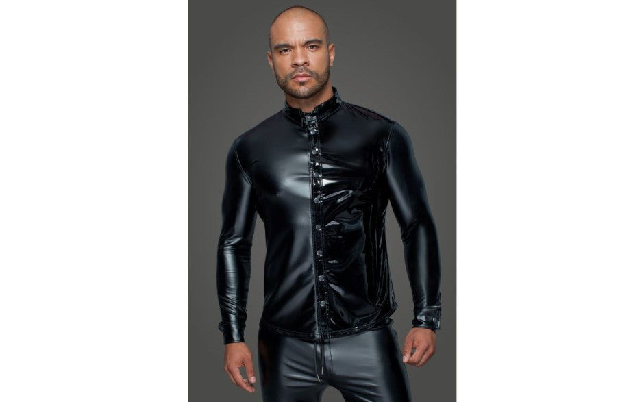 Noir Handmade Powerwetlook PVC Long Sleeved Mens Shirt With Button Placket - His Fetish