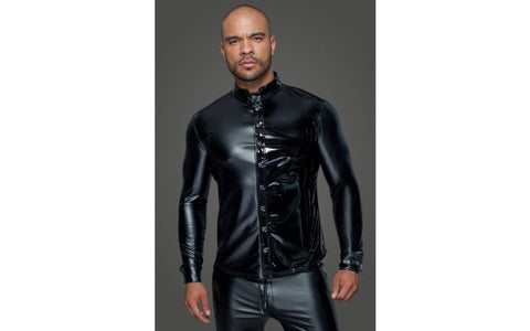 Noir Handmade Powerwetlook PVC Long Sleeved Mens Shirt With Button Placket - His Fetish