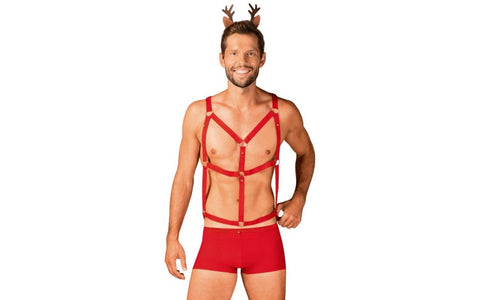 Obsessive Mr. Reindy 3 Piece Mens Costume Set Red Harness Holiday Roleplay - Fancy Dress Ups