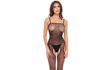 Rene Rofe Sparkle Crotchless Womens Bodystocking with Rhinestone Accents - Body Stockings