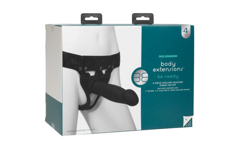 Doc Johnson Body Extensions Be Ready Hollow Silicone Strap On Set 4 Piece Kit - Strap On Sextoys