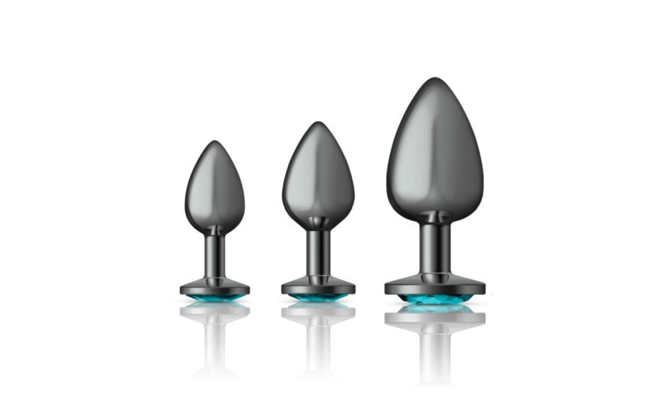 Viben Cheeky Charms Round Metal Butt Plug Gunmetal Kit With Teal Jewel 3 Piece - - Butt Plugs
