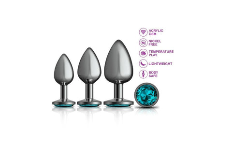 Viben Cheeky Charms Round Metal Butt Plug Gunmetal Kit With Teal Jewel 3 Piece - Butt Plugs