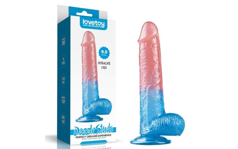 Lovetoy Dazzle Studs Realistic Dildo 9 Inch Pink Blue Suction Base TPE - Realistic Dildos