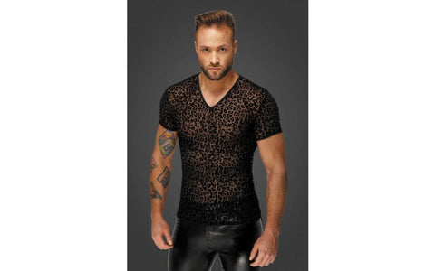 Noir Handmade Leopard Flock V Neck Fetish Wear Mens T Shirt Sheer Appeal - His Fetish