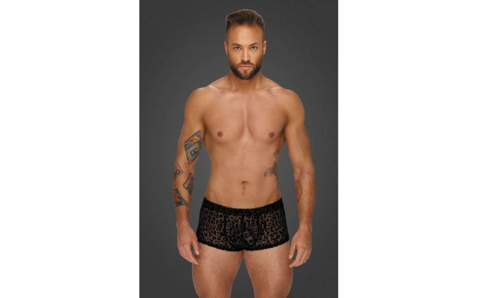 Noir Handmade Mens Leopard Flock Short Shorts with Leopard Print Pattern - His Fetish