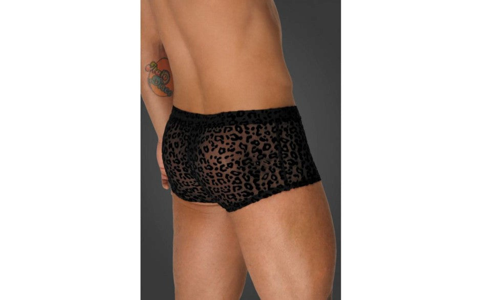 Noir Handmade Mens Leopard Flock Short Shorts with Leopard Print Pattern - His Fetish