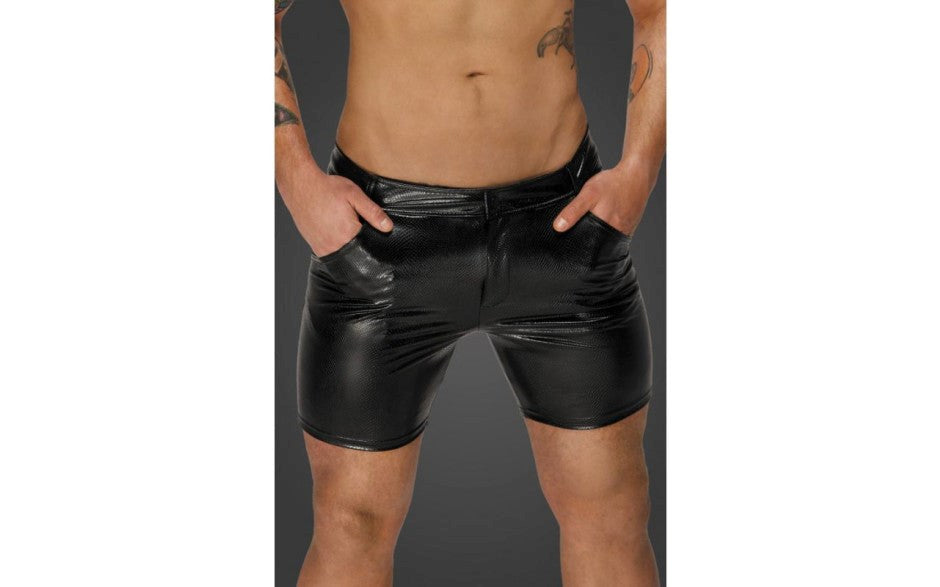 Noir Handmade Snake Wetlook Mid Length Mens Shorts with Back Pockets - His Fetish