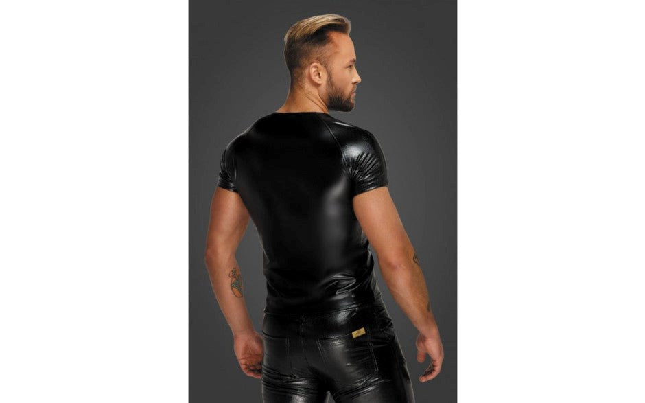 Noir Handmade Wetlook Mens T Shirt with Snake Textured Sleeves Black - - His Fetish