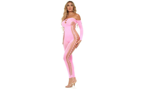 Pink Lipstick Diamond Drippin Sexy Bodystocking with Diamond Embellishments - Body Stockings