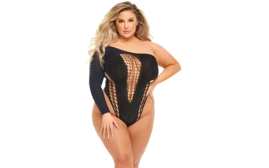 Pink Lipstick Dollar Sign Womens Bodysuit with Sheer Mesh Construction - Teddies and Bodysuits