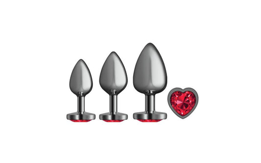 Viben Cheeky Charms Round Metal Butt Plug Gunmetal 3 Piece Kit With Dark Red Heart - - Butt Plugs