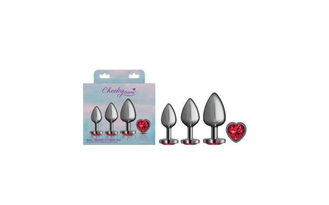 Viben Cheeky Charms Round Metal Butt Plug Gunmetal 3 Piece Kit With Dark Red Heart - Butt Plugs