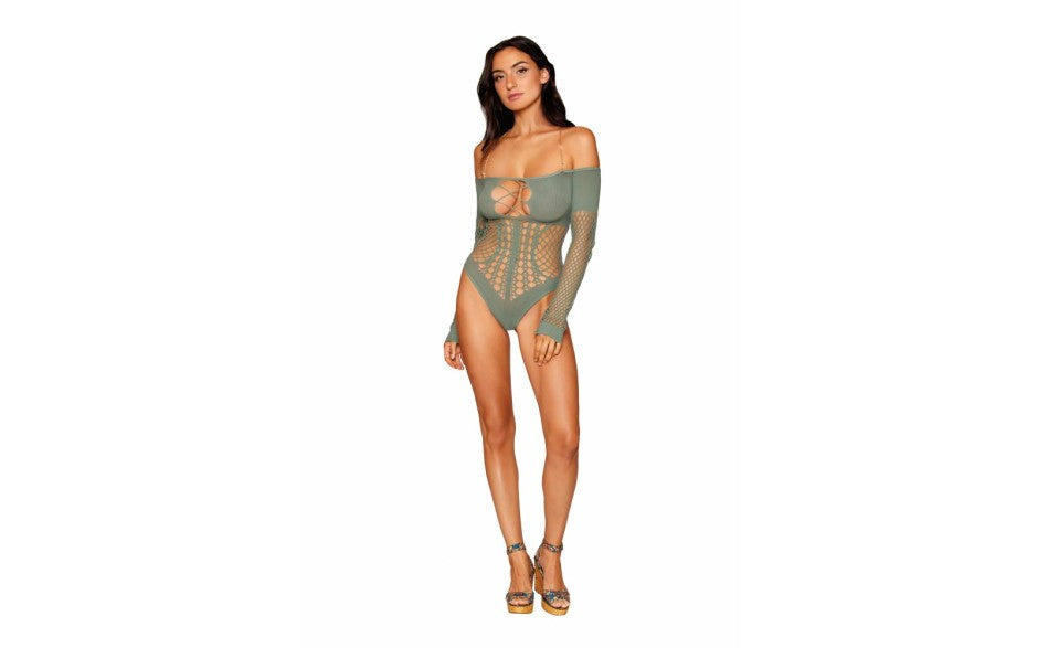 Dreamgirl Lingerie Seamless Long Sleeve Teddy With Gold Chain Sage Intimate - Teddies and Bodysuits