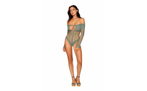 Dreamgirl Lingerie Seamless Long Sleeve Teddy With Gold Chain Sage Intimate - Teddies and Bodysuits