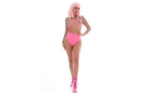 Pink Lipstick Rainbow Shrug Bikini Top Hot Pants Net Set Including Pasties Mesh - Teddies and Bodysuits