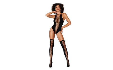 Dream Girl Lingerie Opaque Seamless Criss Cross Teddy With Matching Stockings - Teddies and Bodysuits