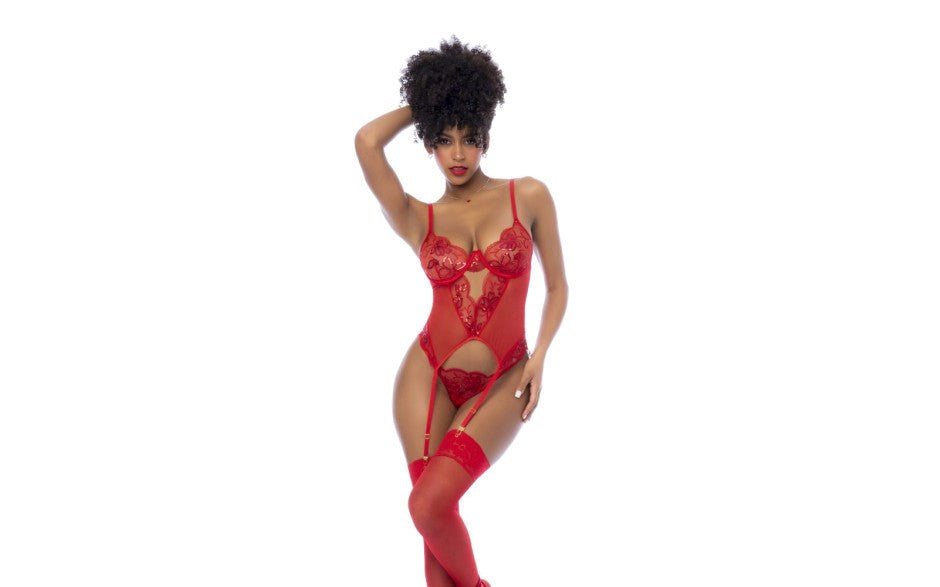 Mapale 2 Piece Bra and Panty Set With Matching Thong Red Sequin Bustier - Bras and Bra Sets