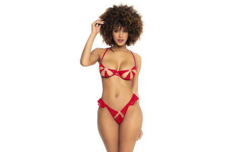 Mapale 2 Piece Lace Cut Out Bra and Panty Set Red Premium Lace Lingerie - Bras and Bra Sets