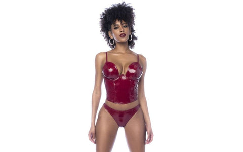 Mapale 2 Piece Wet Look Vinyl Bodysuit Set Gloss Wine with Underwire - Her Fetish