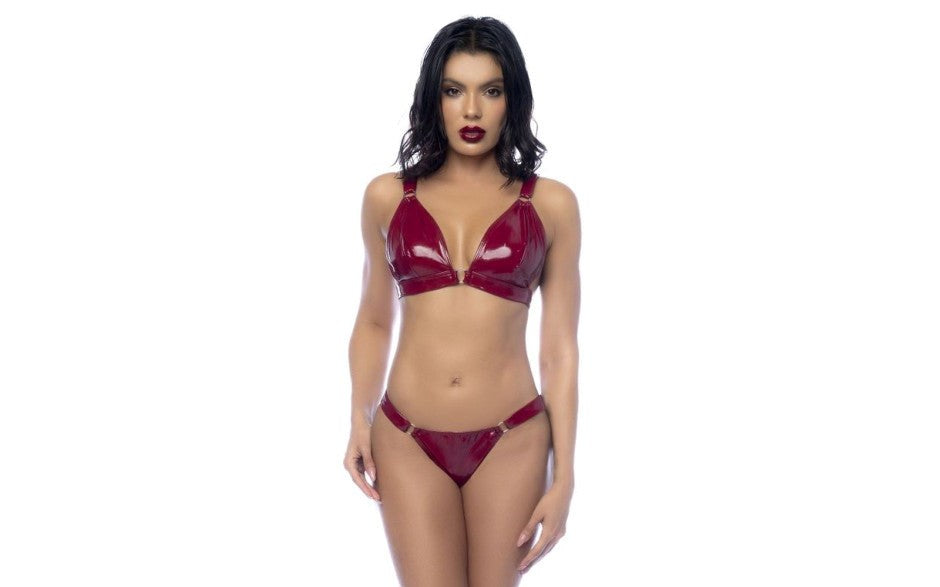 Mapale 2 Piece Wet Look Vinyl Bra and Panty Set Gloss Wine with Metal Rings - Her Fetish