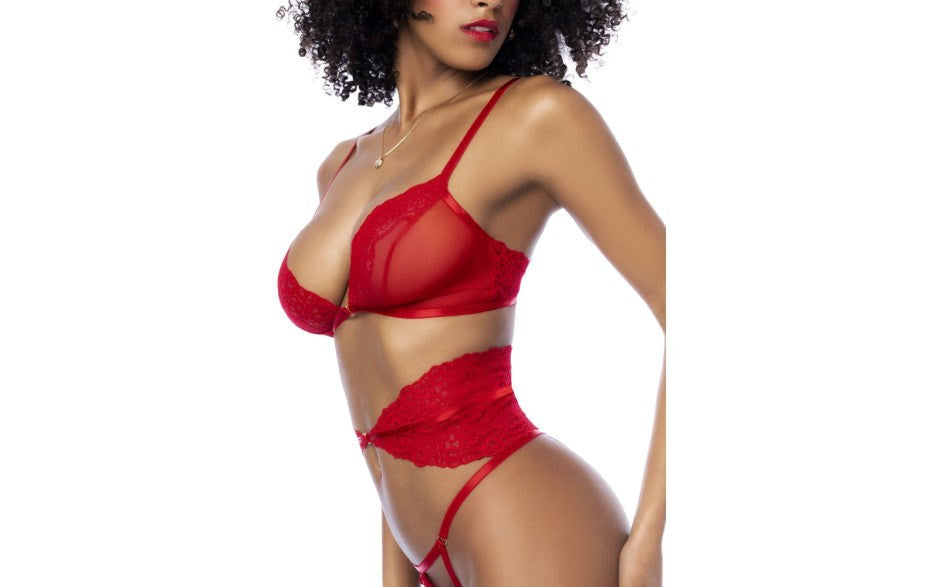 Mapale 3 Piece Bra Panties and Flexible Corset Set Red with Gold Accents - Bras and Bra Sets