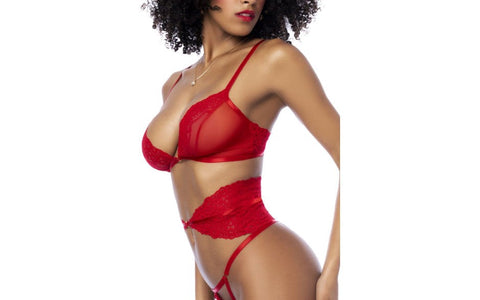 Mapale 3 Piece Bra Panties and Flexible Corset Set Red with Gold Accents - Bras and Bra Sets