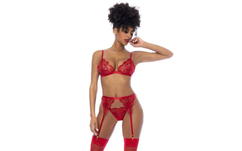 Mapale 3 Piece Bralette Garter Belt and Thong Set Red with Sequins - Bras and Bra Sets