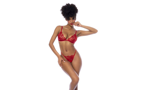 Mapale 3 Piece Bralette Garter Belt and Thong Set Red with Sequins - Bras and Bra Sets