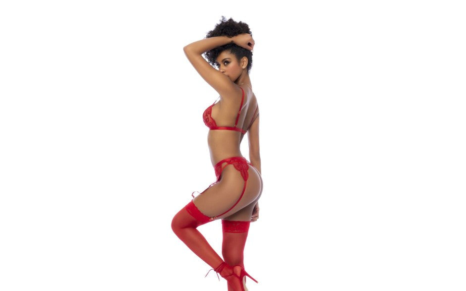 Mapale 3 Piece Bralette Garter Belt and Thong Set Red with Sequins - Bras and Bra Sets