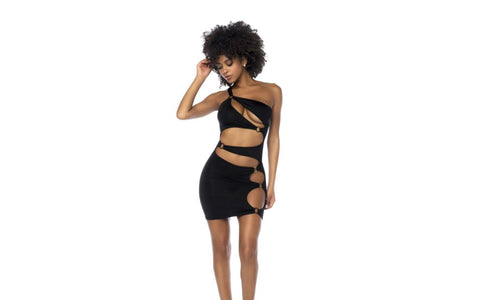 Mapale Asymmetrical Womens Cut Out Dress With Ring Details Black Seductive Design - Skirts And Club Wear
